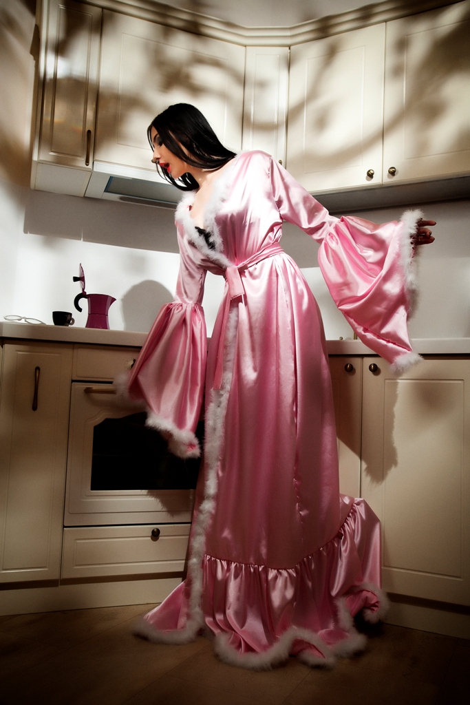 Pink silk satin feathers robe